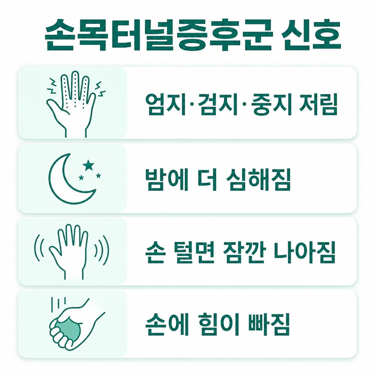 손목터널증후군의 특징적 신호를 정리한 한글 인포그래픽