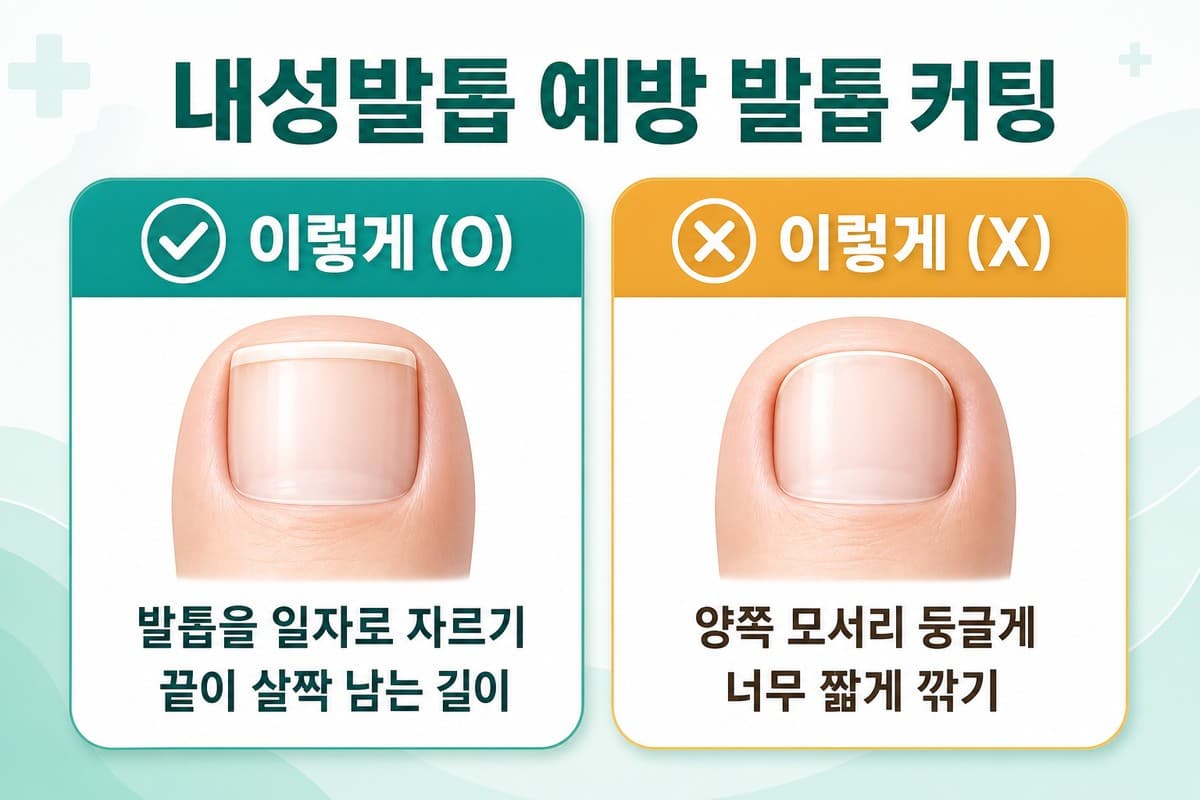내성발톱 예방을 위한 올바른 발톱 커팅(일자로 자르기)과 잘못된 커팅을 비교한 한글 인포그래픽