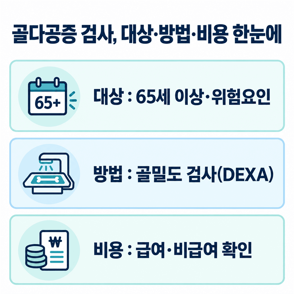 골다공증 검사의 대상·방법·비용을 한눈에 정리한 안내 카드