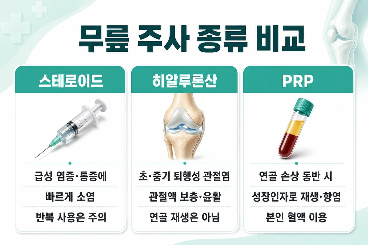 무릎 연골주사 종류 비교 — 히알루론산·PRP, 나에게 맞는 건?