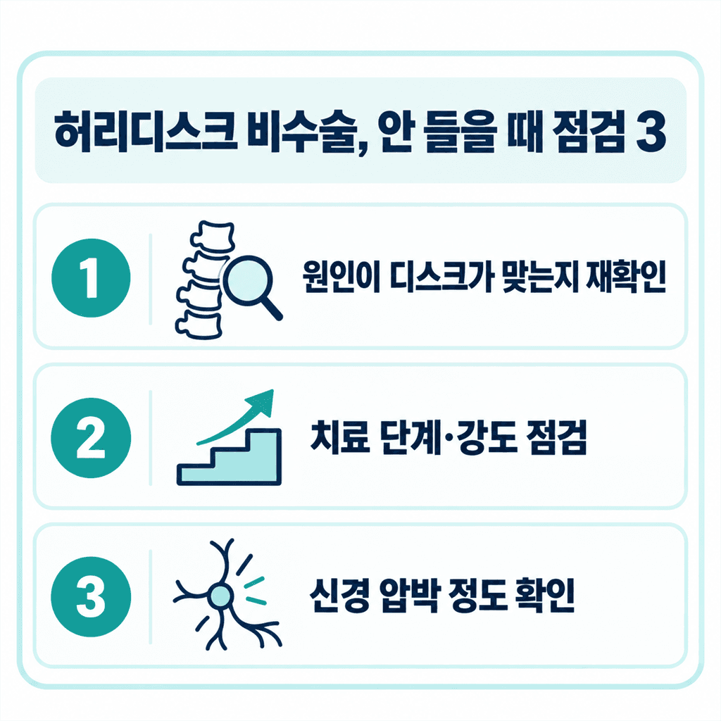 허리디스크 비수술이 잘 안 들을 때 점검할 세 가지를 정리한 안내 카드