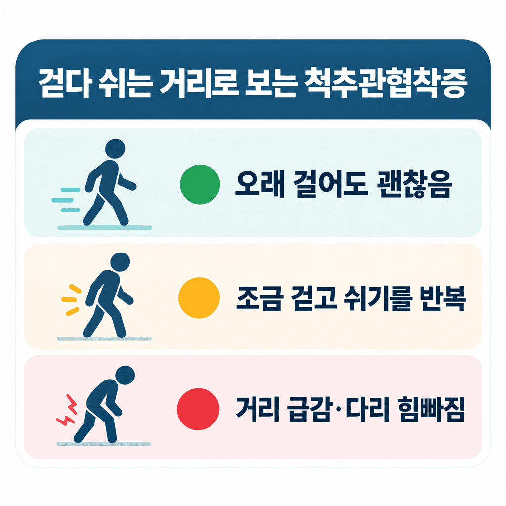 걷다 쉬는 거리로 척추관협착증 상태를 가늠하는 안내 카드