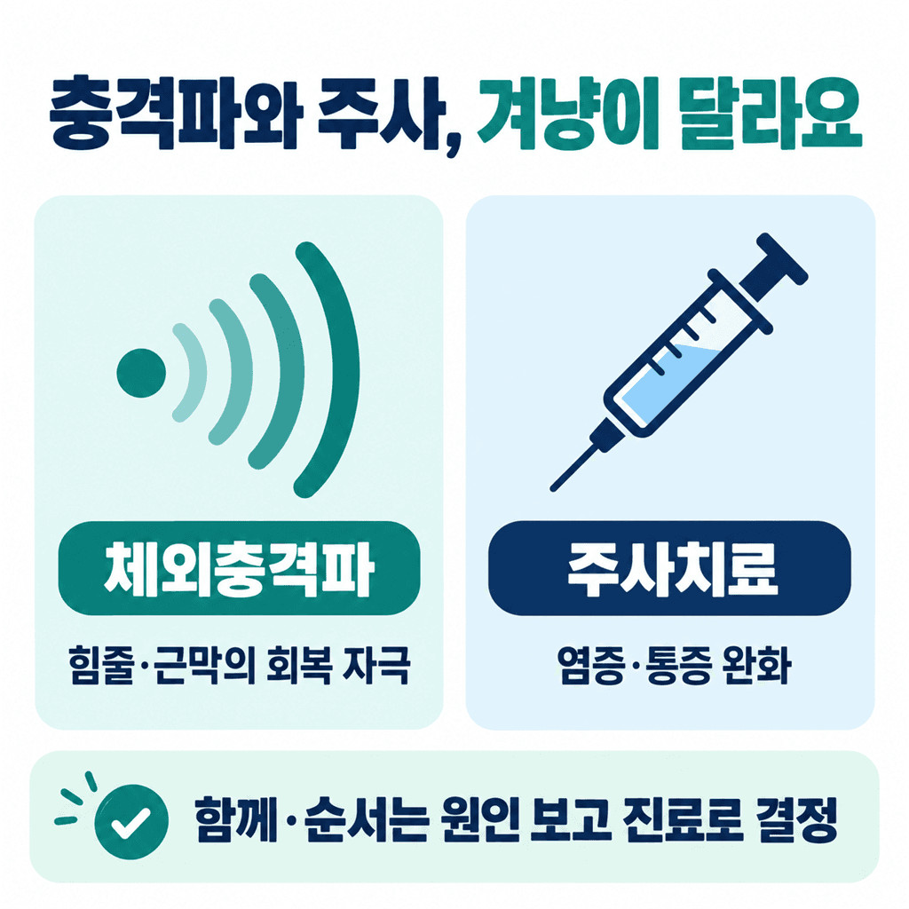 체외충격파와 주사치료의 겨냥 차이를 비교한 안내 카드