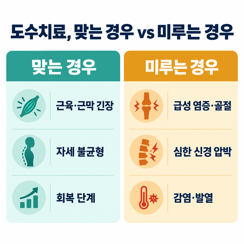 도수치료가 맞는 경우와 미루는 경우를 비교한 안내 카드