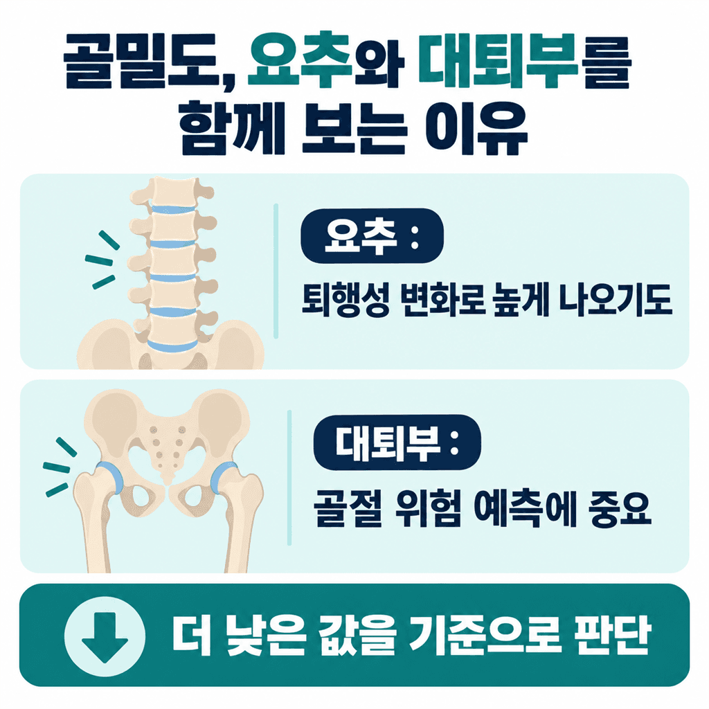 골밀도 검사에서 요추와 대퇴부를 함께 보는 이유를 정리한 안내 카드