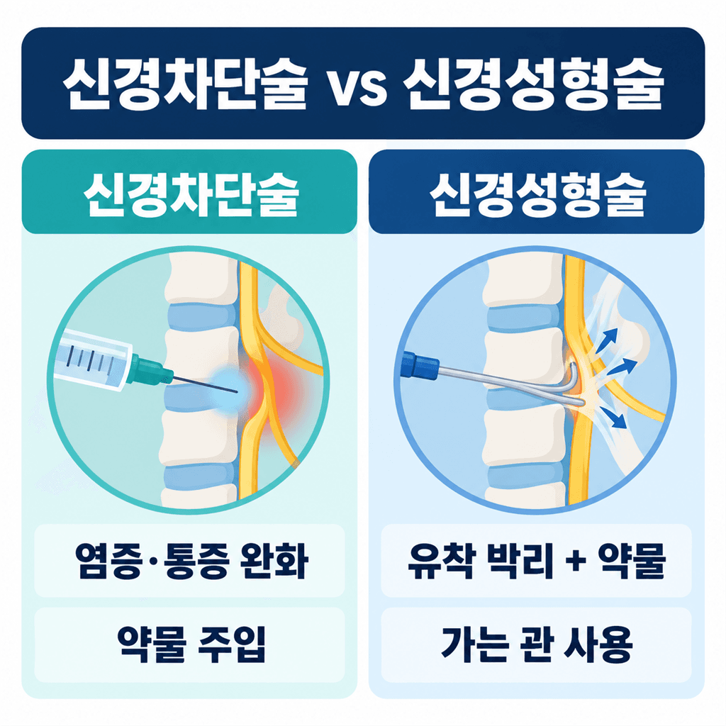 신경차단술과 신경성형술의 차이를 비교한 안내 카드