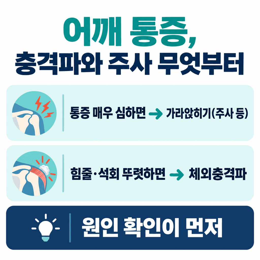 어깨 통증에서 충격파와 주사 중 무엇을 먼저 할지 정리한 안내 카드