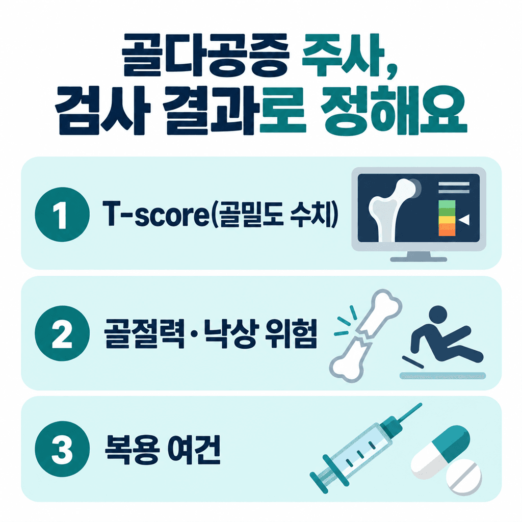 골다공증 주사를 검사 결과로 정하는 기준을 정리한 안내 카드