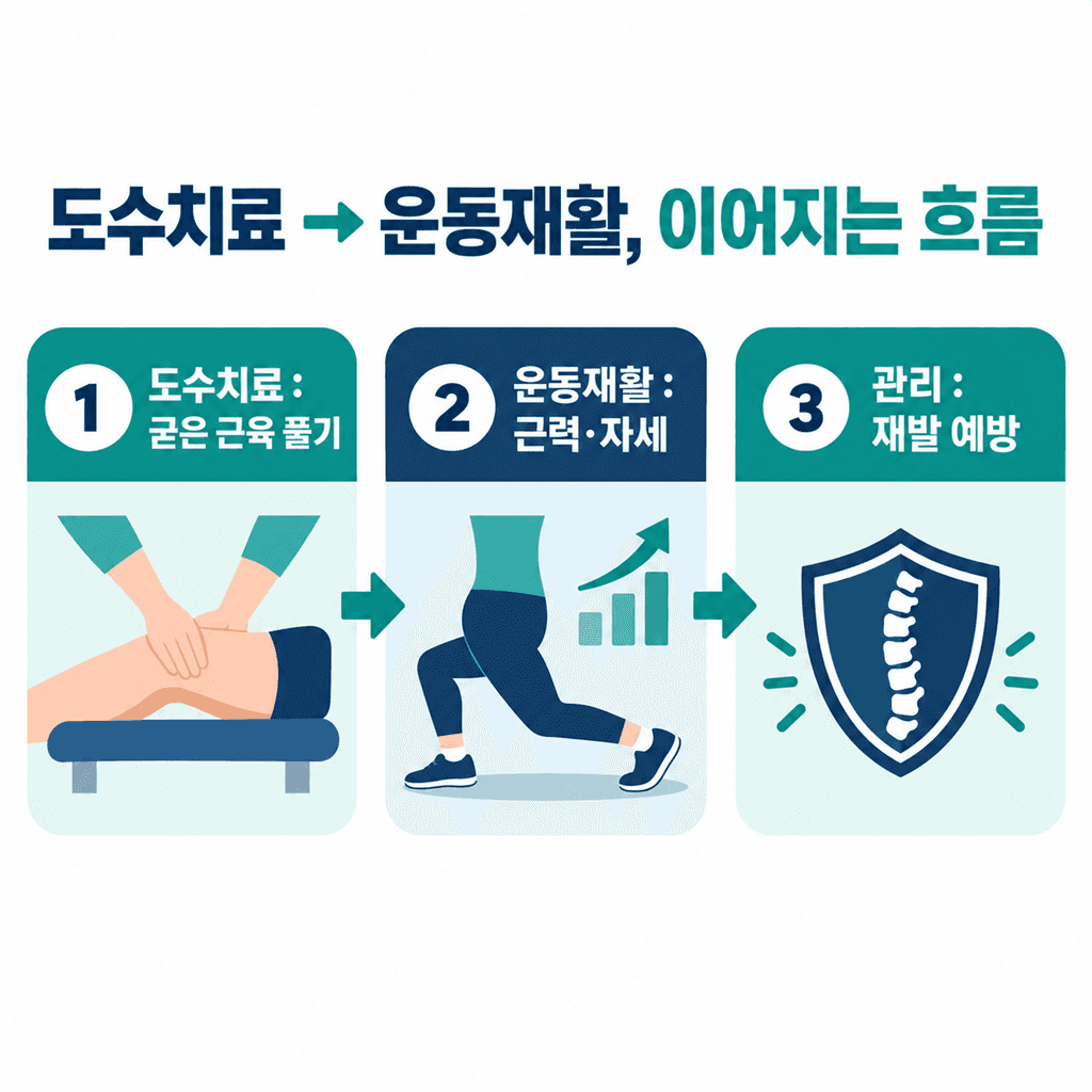 도수치료에서 운동재활로 이어지는 흐름을 정리한 안내 카드